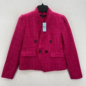 Ann Taylor Pink Tweed Double Breasted Blazer Jacket Frayed Trim 00P Preppy NWT - Picture 1 of 15