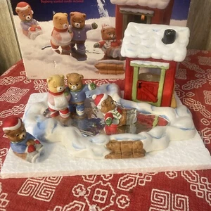 Bears Skating Party Bisque Porcelain Winter Scene Figurines Jasco W Tea Light Vt - Picture 1 of 4
