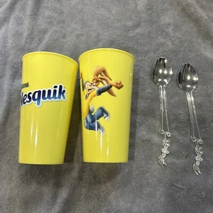 2 NESTLE NESQUIK CHOCOLATE MILK TUMBLER PLASTIC CUPS & RABBIT SPOONS - GIFT SET - Picture 1 of 3