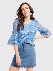 Draper James Gingham Lattice Double Bell Blouse, Bermuda Blue, Size 10, NWOT - Picture 1 of 3