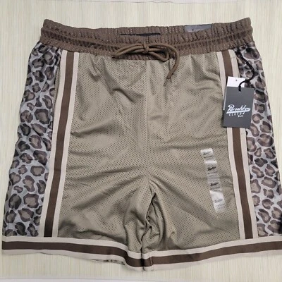MENS BROOKLYN BROWN CHEETAH ANIMAL PRINT ACTIVE LINED MESH SHORTS SIZE- L - Image 1 of 4