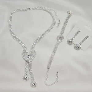 Set 3 pezzi donna strass argento moda ballo festa gioielli eleganti nuovi - Foto 1 di 9