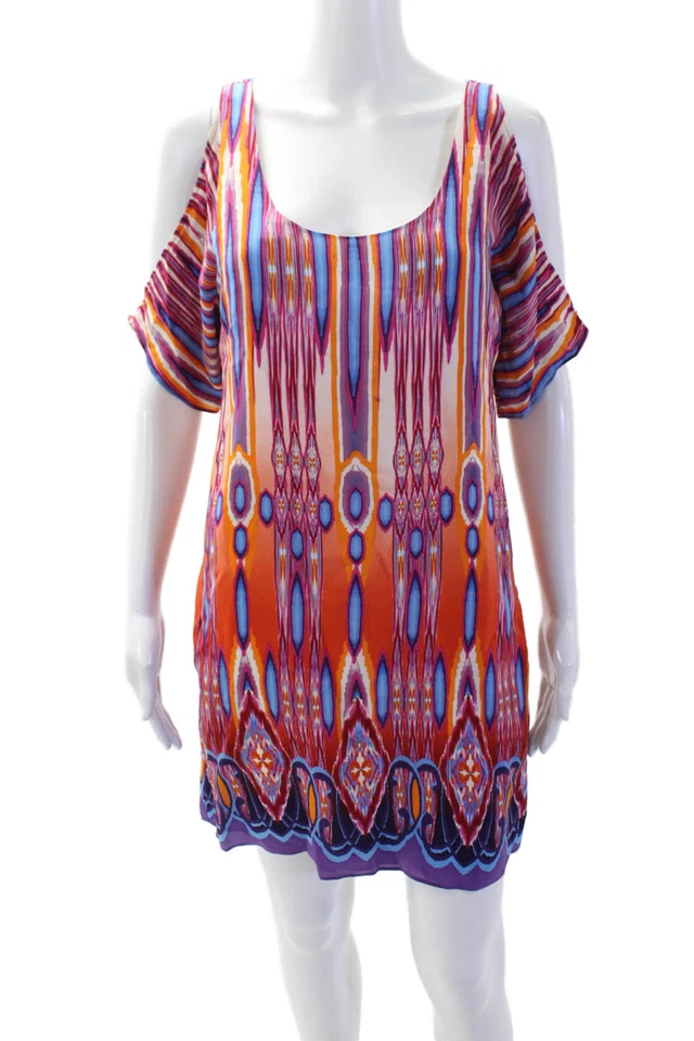 Jay Godfrey Women Kaftan Dress Blue Silk Geometric Aztec Knee Length Size 2 - Image 1 of 4