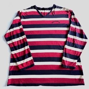 Polo Jeans Co Ralph Lauren Striped Long Sleeve V Neck Shirt Large Spellout Hole - Picture 1 of 8