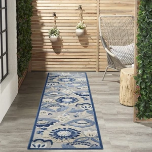 Blue Grey Indoor Outdoor Runner Rug Durable Polypropylene Floral Design 2X10 - Picture 1 of 7
