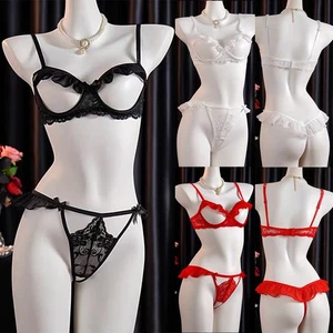Women's Sexy Lace Bra G-String Lingerie Set Open Cup Bra + Open Crotch Panties ' - Picture 1 of 28