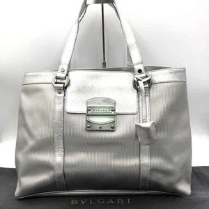 BVLGARI Rare Tote Handbag Medium Logo Leather Silver Women's USED FROM JAPAN - Picture 1 of 10