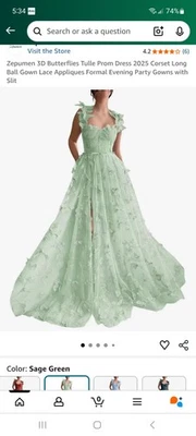 Zepumen 3D Butterflies Tulle Dress 14 Corset Long Ball Gown Lace Sage Green  - Image 1 of 4