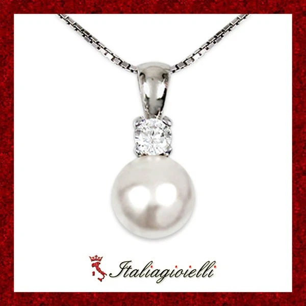 Elegante Collana Brillante Perla in Argento 925 Rodiato Oro Bianco - Immagine 1 di 4