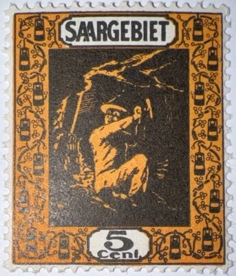 Travelstamps: 1922 GERMANY SAAR LAND  Stamps SC#100  MOGNH MINER AT WORK 5c - Image 1 of 4