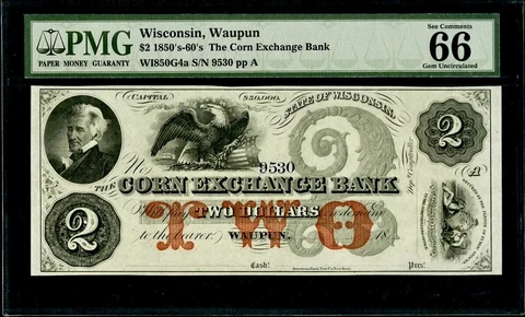 1850-1860’s Waupun WIsconsin The Corn Exchange Bank $2 Note PMG Gem UNC 66 EPQ Cover