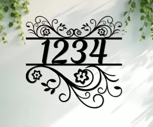 Floral Scroll House Number Address Metal Wall Sign Personalized Black - Picture 1 of 1