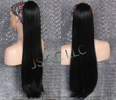 BLACK Human Hair Blend PONYTAIL Hair piece Drawstring Ex long Straight - Image 1 of 4