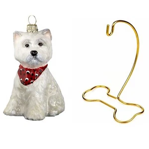 West Highland Terrier Westie Bandana Polish Glass Ornament Dog Bone Stand Set 2 - Picture 1 of 3