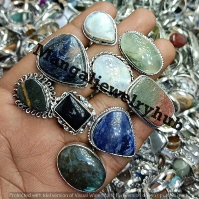 Lote de 10 anéis feitos à mão folheados a prata 925 para comprar sodalita e mistura de pedras preciosas - Imagem 1 de 4