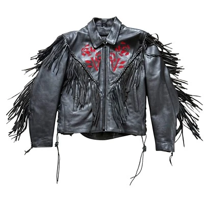 Jaqueta de motocicleta feminina vintage interestadual de couro franja rosa tamanho médio preta - Imagem 1 de 4