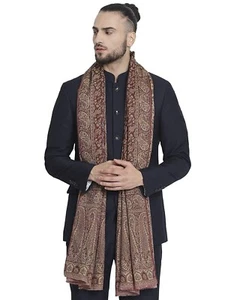 Mens Kashmiri Reversible Stole Shawl Wrap With Paisley Weave Color Amber - Picture 1 of 4