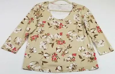 White Stag T Shirt Women's Large L Beige Red Floral 3/4 Sleeves Stretch Tee Top Foto 1 de 4