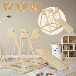 Indoor Klettergerüst Kinder Holz Spielspaß Klappbar Kletterwand Rutsche Schaukel - Bild 1 von 10
