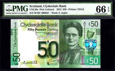 Scotland 50 Pounds 2015 LOW Serial 000033 P-NEW GEM UNC PMG 66 EPQ - Image 1 of 2