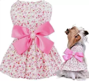 Neu Sommer Haustier kleiner Hund Tutu Kleid Shirt mit Band, Perle, Blume rosa L - Bild 1 von 7