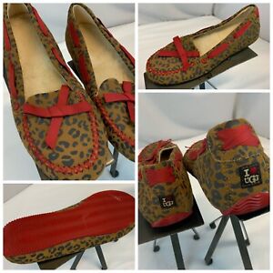 Ugg Leopard Print Moccasins Shoes Sz 6 Women Tan Black Red Bow Mint YGI D1S-25