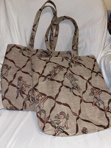 Vintage Cherub Angel Tapestry Tote Bag in Cream & Brown EUC Pair Of 2 Set - Picture 1 of 4