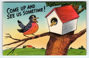 Postal de lino vintage ven y nos vemos en algún momento Birdhouse años 50 - Imagen 1 de 2