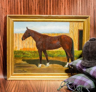 Impresionante pintura al óleo antigua original caballo de pie país ecuestre Foto 1 de 4
