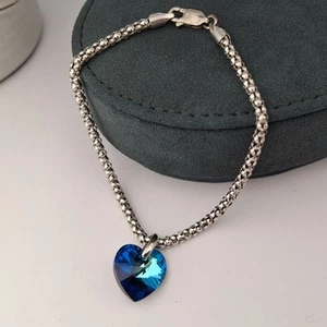 Blue Iridescent Heart Bracelet Sterling Silver 925 Popcorn Link Glass Charm - Picture 1 of 17