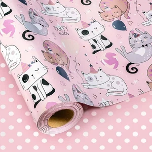 Cat Wrapping Paper Roll 17 Inch x 33 Feet Reversible Pink Polka Dot Gift Wr - Picture 1 of 8
