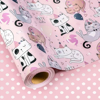 Cat Wrapping Paper Roll 17 Inch x 33 Feet Reversible Pink Polka Dot Gift Wr - Image 1 of 4