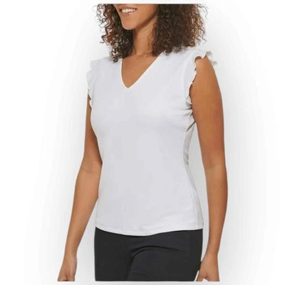 Blusa Andrew Marc para mujer manga con volantes cuello en V, blanca brillante, talla pequeña 347S Foto 1 de 4