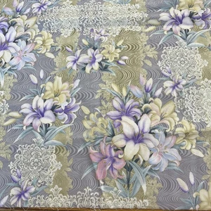 3 yd - Lily Floral Purple Lilac Gold Metallic Easter Asian Cotton Fabric - Picture 1 of 9