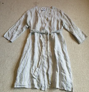 Womens Jacket-FLAX-blue/green striped 100% linen button long lagenlook BOHO-S - Picture 1 of 5