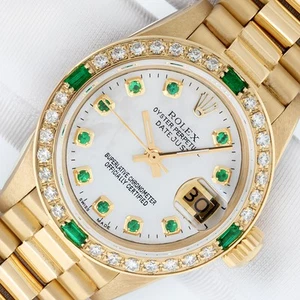 ROLEX LADIES PRESIDENT MOP EMERALD DIAL 18K YELLOW GOLD QUICK-SET DIAMOND WATCH - Picture 1 of 11