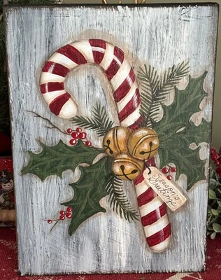 *~* Bastón de caramelo pintado a mano * acebo * campanas * saludos de temporada * madera recuperada Foto 1 de 4