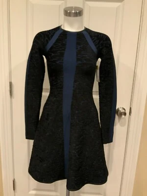 ISSA Dark Blue Velour Textured Patterned Fit & Flare Dress, Size Small - Image 1 of 4