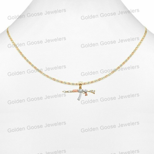 Ciondolo vero oro 14 kt tricolore zirconi fucile pistola braccio catena Valentino