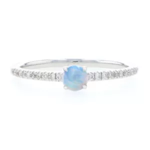White Gold Opal & Diamond Ring - 14k Round Cabochon Cut .19ctw - Picture 1 of 10