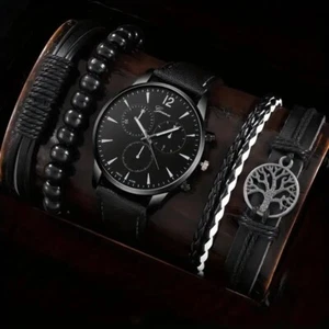 Juego 5 piezas reloj cuarzo negro informal hombre árbol vida negro 4 pulseras - Picture 1 of 4