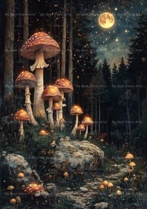 FOREST RED MUSHROOMS ART PRINT, Cottagecore Home Decor, Fantasy Moon Poster F085 - Picture 1 of 3