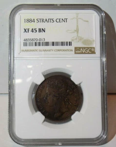 STRAITS SETTLEMENTS 1884 CENT NGC XF45 BN XF 45 British Malaysia Graded Coin  - Picture 1 of 6