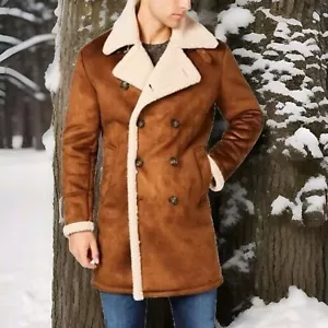 $350 GUESS Cognac Faux Shearling Suede Overcoat Jacket Mens Small Brown Winter - Picture 1 of 16