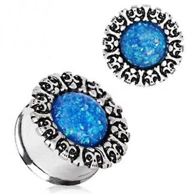 PAIR-Skull/Bones w/Blue Opal Double Flare Ear Plugs 10mm/00 Gauge Steel  - Изображение 1 из 4