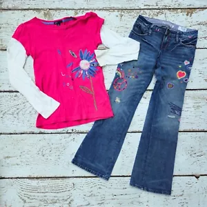 GAP KIDS 10 12 Girls Flower Pink Shirt & Embroidered Jeans 10-12 - Picture 1 of 5