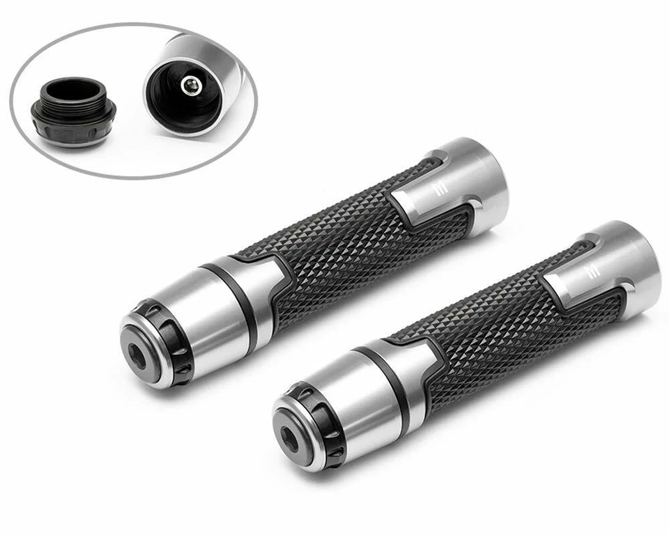 Moto Mano Grips & Barra Terminali per 22mm Barre - Argento - Alluminio Anodi - Immagine 1 di 1