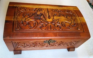 Wood Carved Cedar Floral Vanity Trinket Jewelry Chest Box Over 10-1/2" L Vintage - Picture 1 of 8