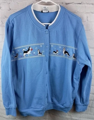 复古 Bon Worth 刺绣哈士奇狗蓝色纽扣运动衫开衫,尺寸 LP — 第 1/4 张图片
