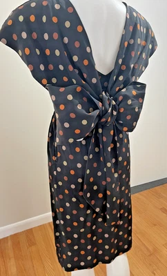 RARO 1980 DE COLECCIÓN ALBERT NIPON LARGO LAZO TRASERO NEGRO Lunares TODO Vestido de Seda, Talla 2 Foto 1 de 4